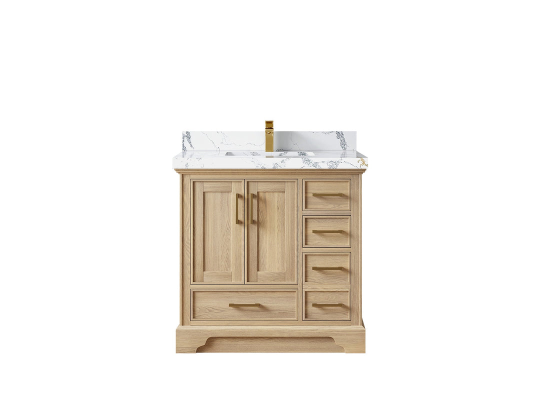 Charlotte White Oak 36 in. W x 22 in. D Center Sink Bathroom Vanity with 2 in Calacatta Poanazzo Quartz Countertop 