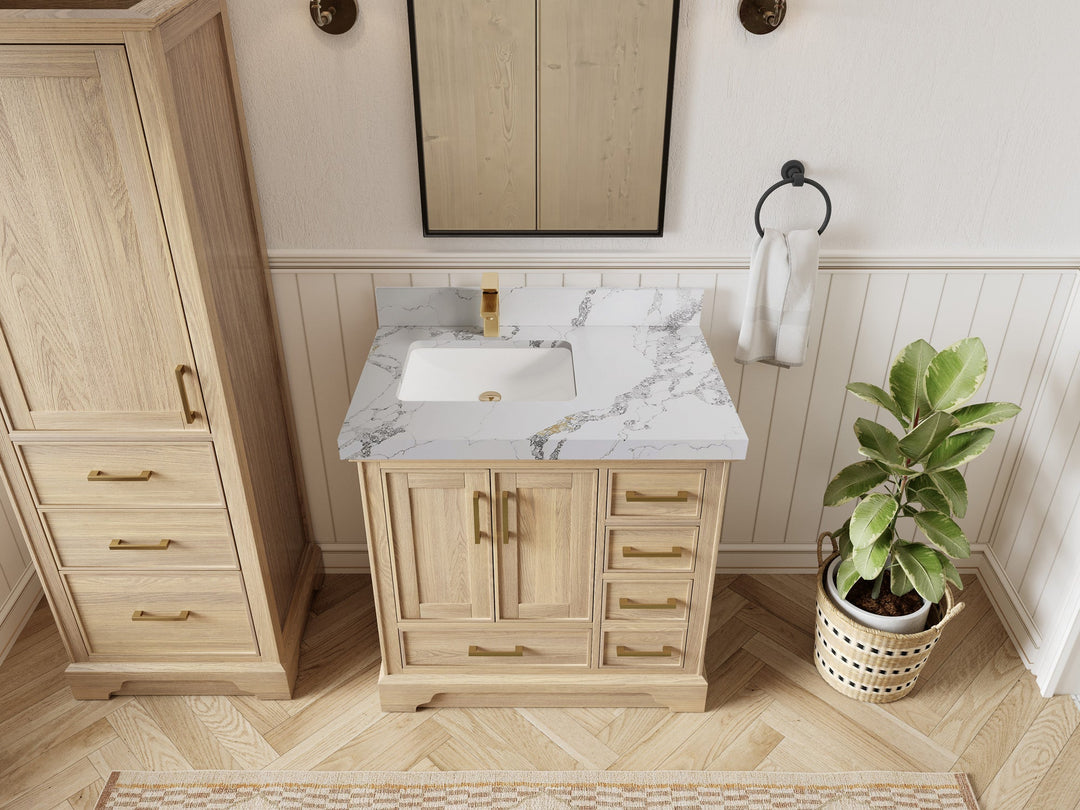 Charlotte White Oak 36 in. W x 22 in. D Left Offset Sink Bathroom Vanity with 2 in Calacatta Poanazzo Quartz Countertop - Top View