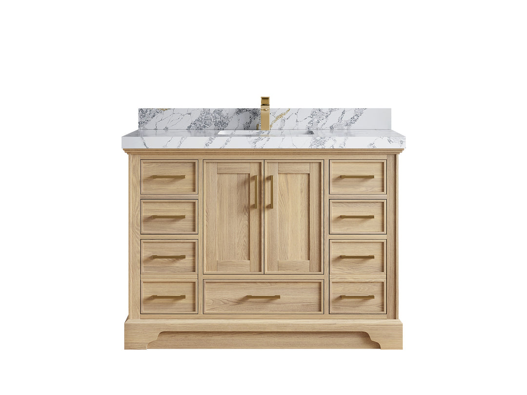 Charlotte White Oak 48 in. W x 22 in. D Single Sink Bathroom Vanity with 2 in Calacatta Poanazzo Quartz Countertop 