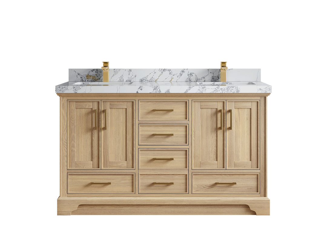 Charlotte White Oak 60 in. W x 22 in. D Double Sink Bathroom Vanity with 2 in Calacatta Poanazzo Quartz Countertop 