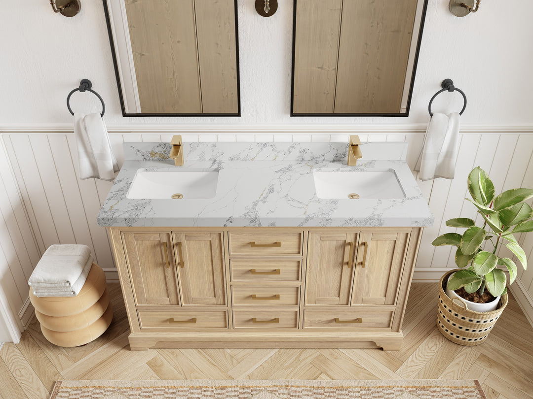 Charlotte White Oak 60 in. W x 22 in. D Double Sink Bathroom Vanity with 2 in Calacatta Poanazzo Quartz Countertop - Top View