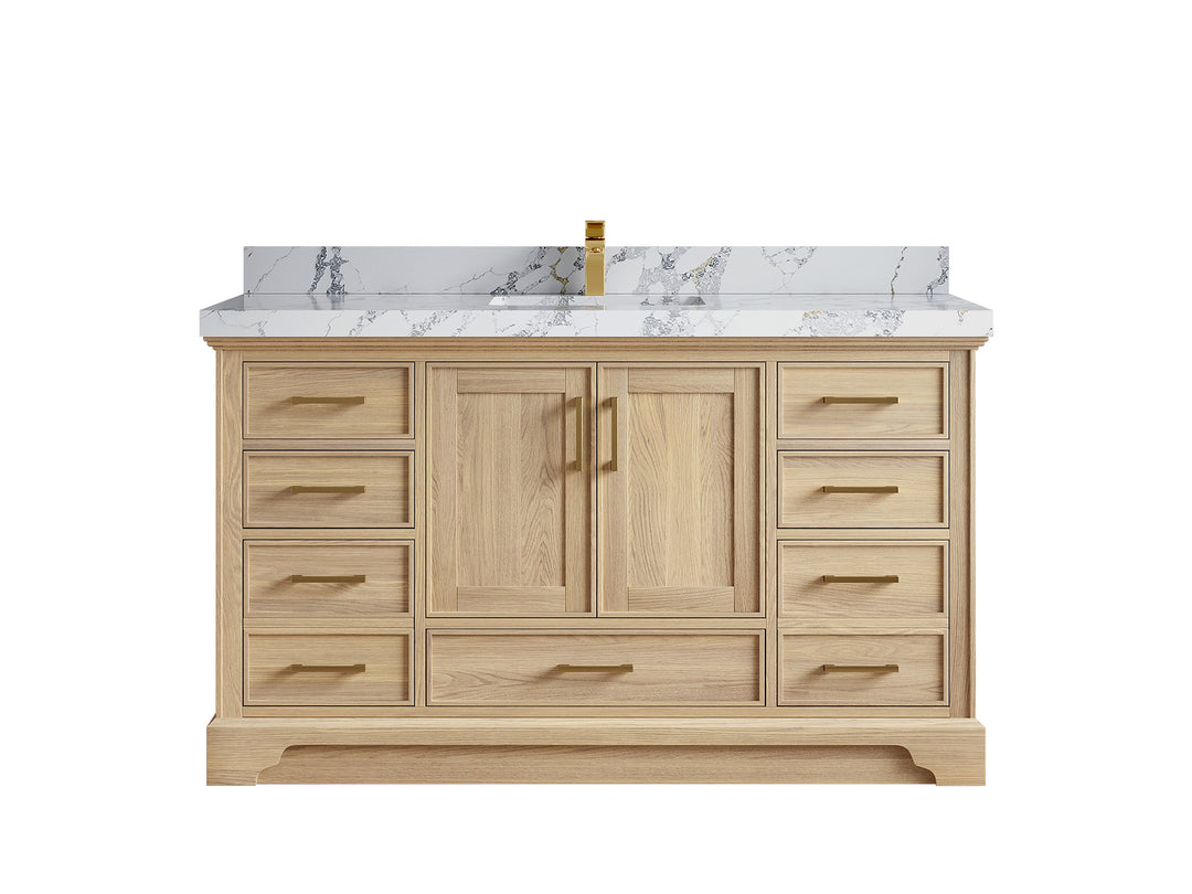 Charlotte White Oak 60 in. W x 22 in. D Single Sink Bathroom Vanity with 2 in Calacatta Poanazzo Quartz Countertop 