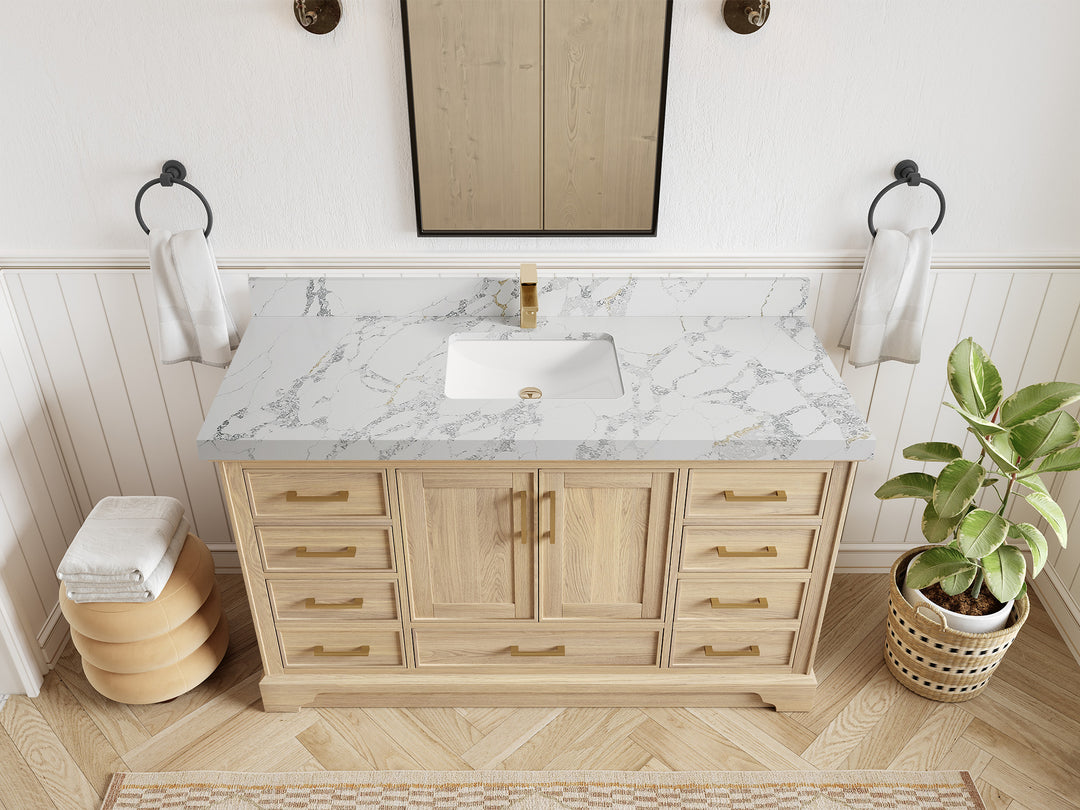 Charlotte White Oak 60 in. W x 22 in. D Single Sink Bathroom Vanity with 2 in Calacatta Poanazzo Quartz Countertop - Top View