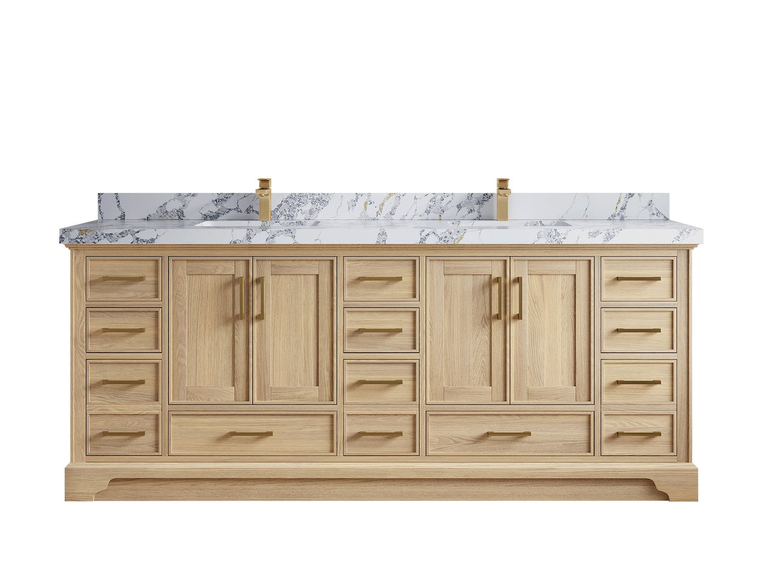 Charlotte White Oak 84 in. W x 22 in. D Double Sink Bathroom Vanity with 2 in Calacatta Poanazzo Quartz Countertop 