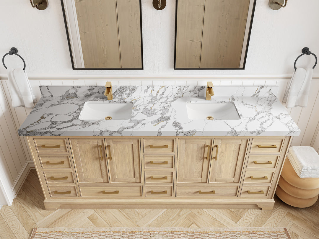 Charlotte White Oak 84 in. W x 22 in. D Double Sink Bathroom Vanity with 2 in Calacatta Poanazzo Quartz Countertop - Top View