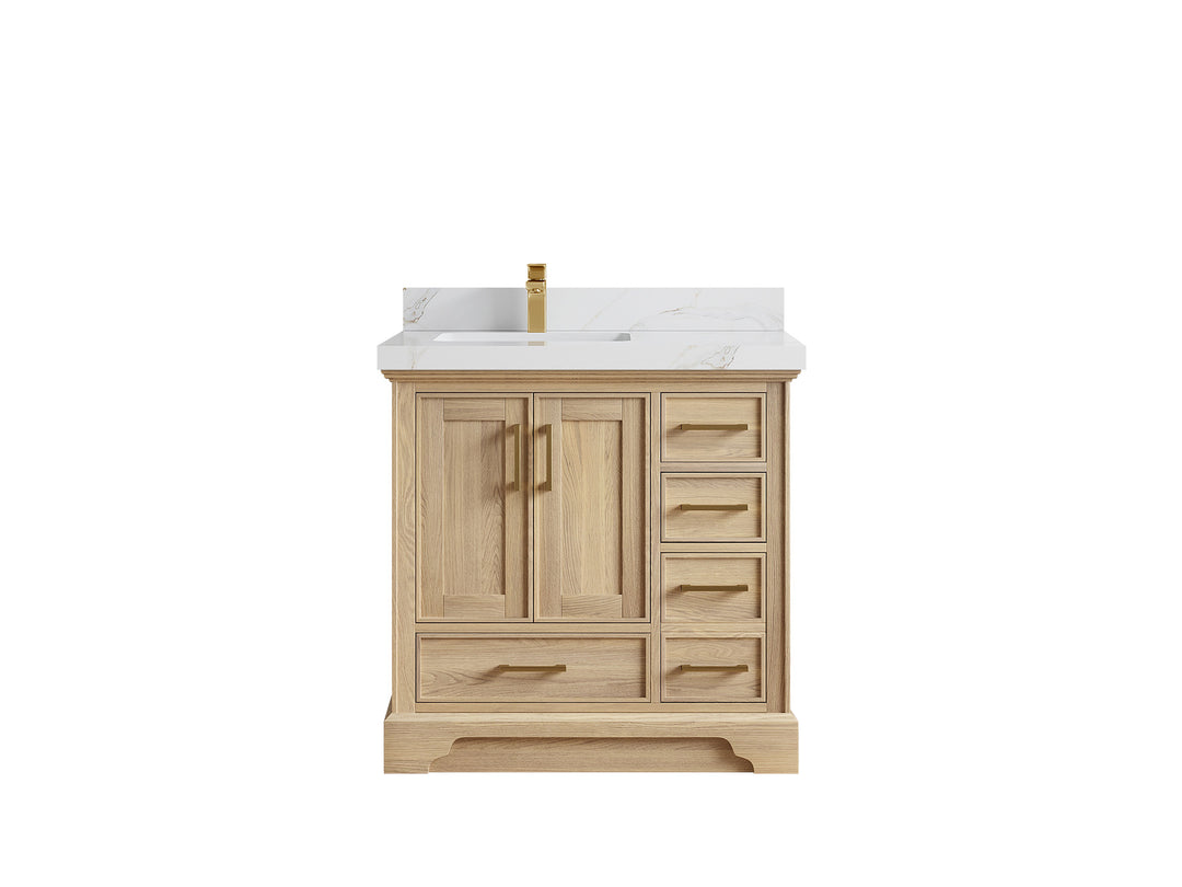 Charlotte White Oak 36 in. W x 22 in. D Left Offset Sink Bathroom Vanity with 2 in Calacatta Sienna Quartz Countertop