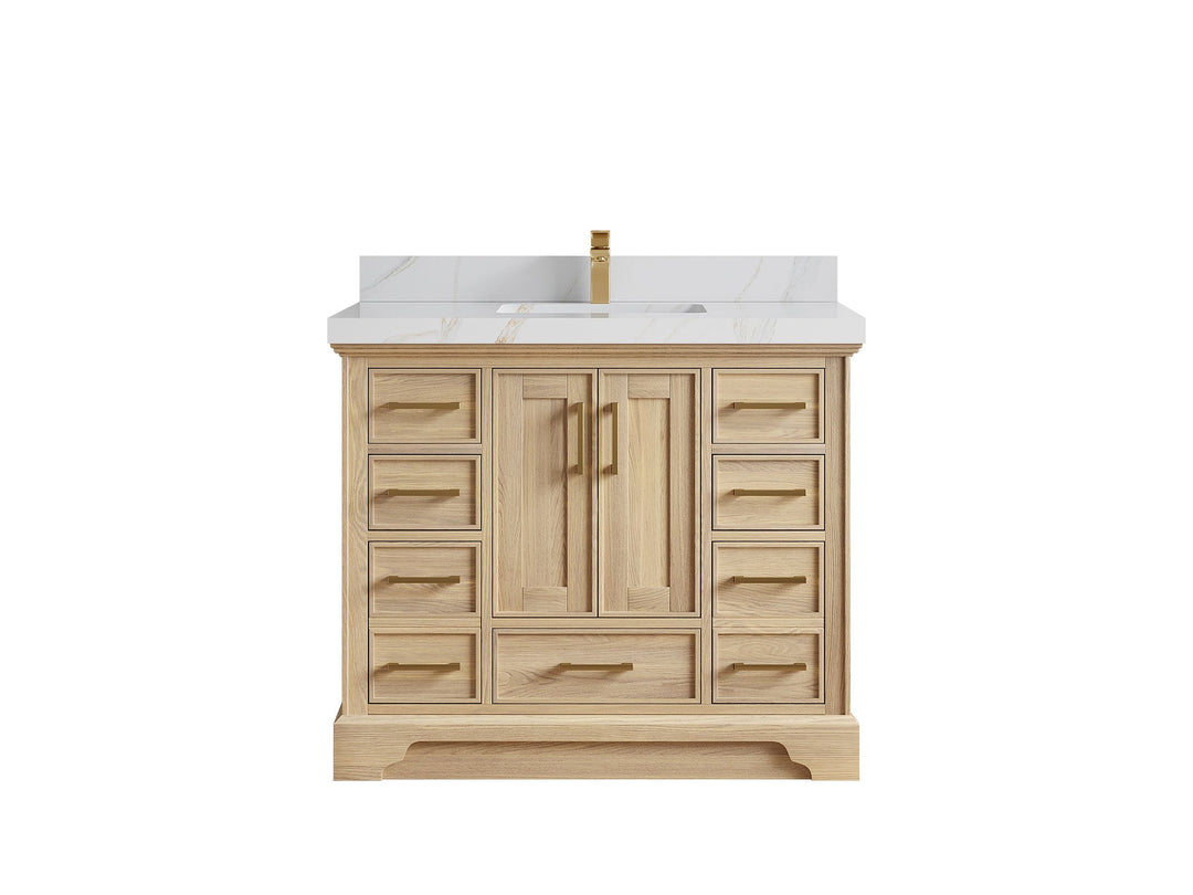 Charlotte White Oak 42 in. W x 22 in. D Single Sink Bathroom Vanity with 2 in Calacatta Sienna Quartz Countertop