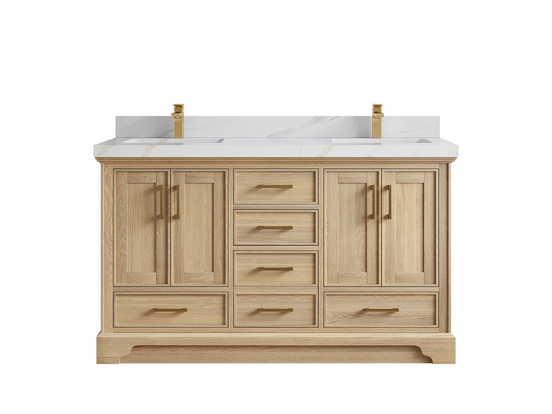 Charlotte White Oak 60 in. W x 22 in. D Double Sink Bathroom Vanity with 2 in Calacatta Sienna Quartz Countertop
