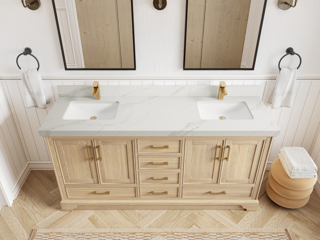 Charlotte White Oak 72 in. W x 22 in. D Double Sink Bathroom Vanity with 2 in Calacatta Sienna Quartz Countertop - Top View