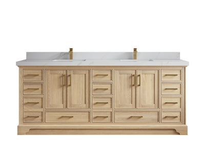 Charlotte White Oak 84 in. W x 22 in. D Double Sink Bathroom Vanity with 2 in Calacatta Sienna Quartz Countertop