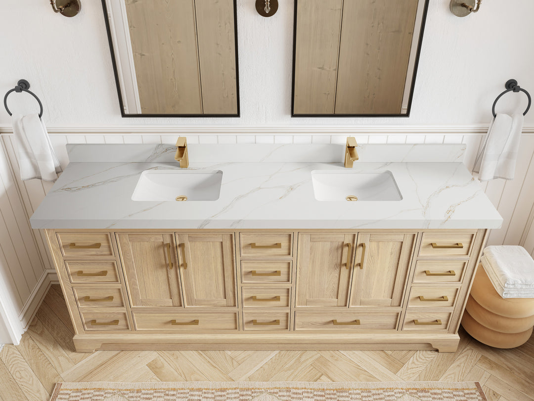 Charlotte White Oak 84 in. W x 22 in. D Double Sink Bathroom Vanity with 2 in Calacatta Sienna Quartz Countertop - Top View