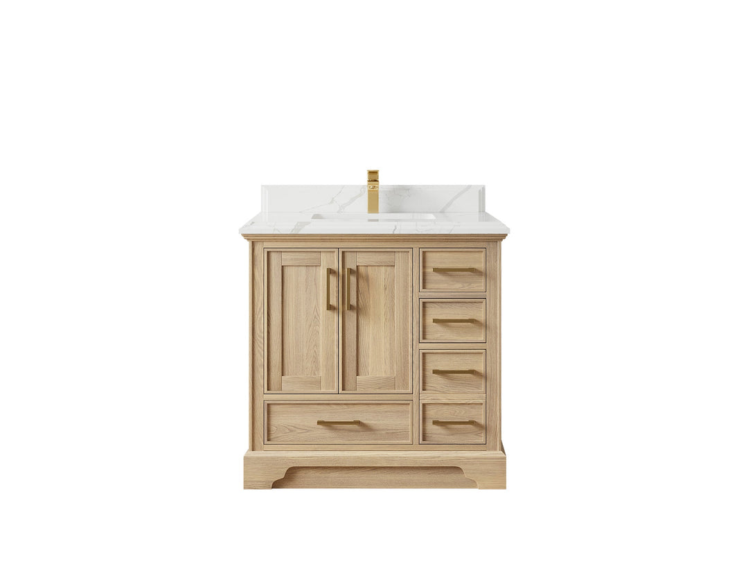 Charlotte White Oak 36 in. W x 22 in. D Center Sink Bathroom Vanity with 1.5 in Calacatta Laza Quartz Countertop