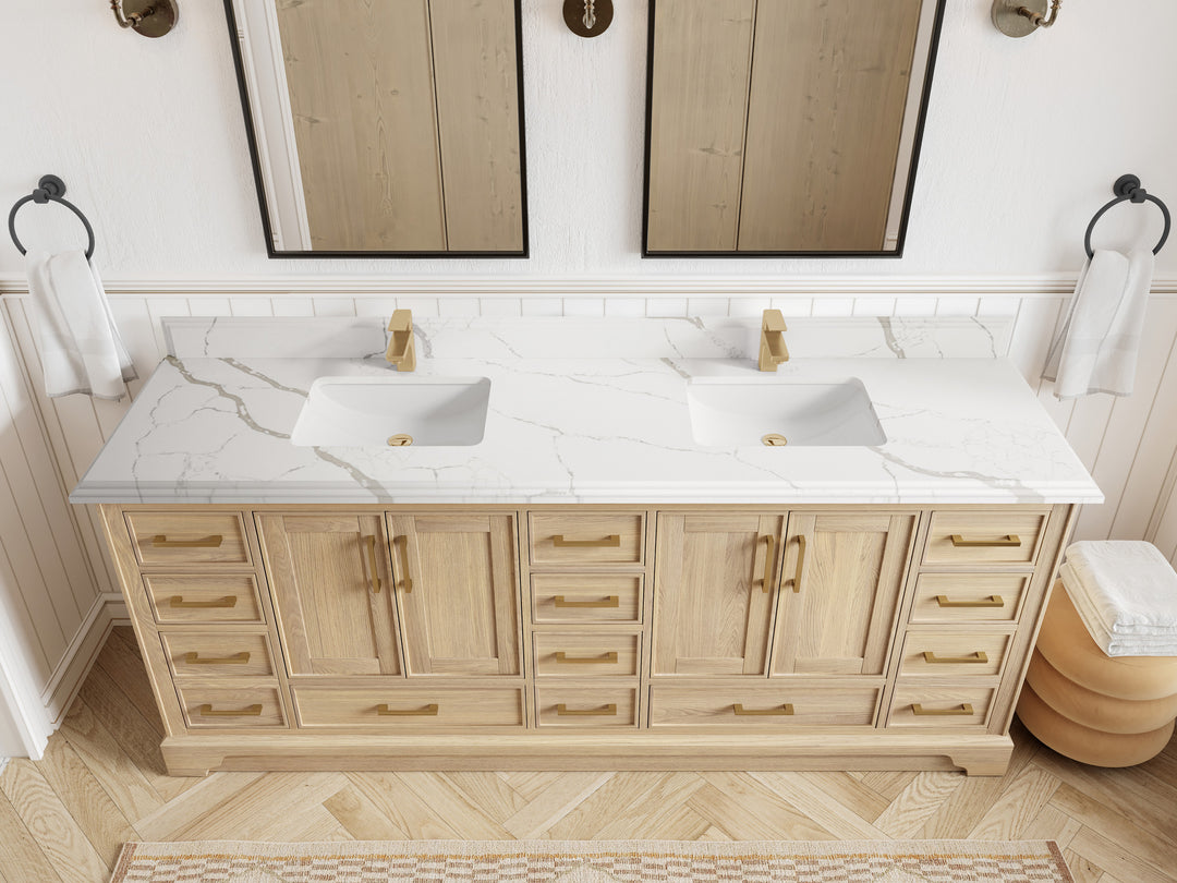 Charlotte White Oak 84 in. W x 22 in. D Double Sink Bathroom Vanity with 1.5 in Calacatta Laza Quartz Countertop - Top View