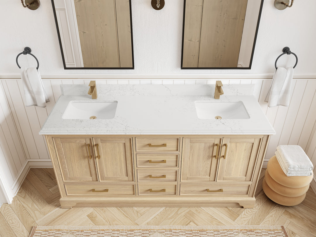 Charlotte White Oak 72 in. W x 22 in. D Double Sink Bathroom Vanity with 1.5 in Empira White Quartz Countertop - Top View