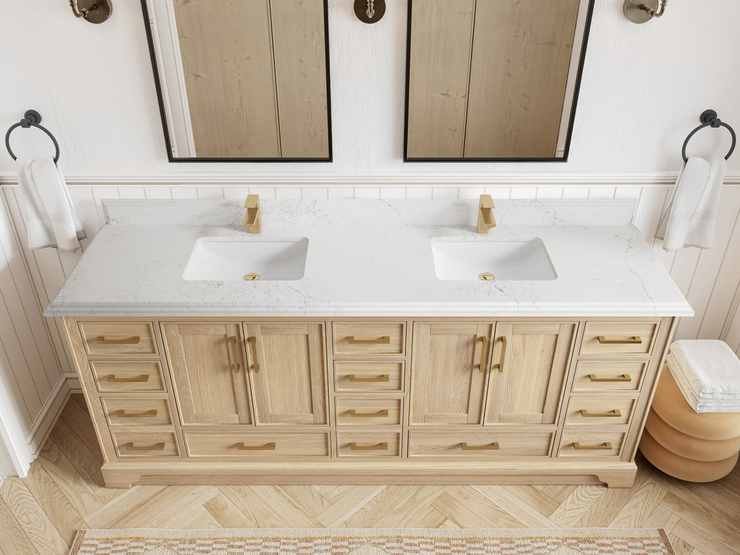 Charlotte White Oak 84 in. W x 22 in. D Double Sink Bathroom Vanity with 1.5 in Empira White Quartz Countertop - Top View