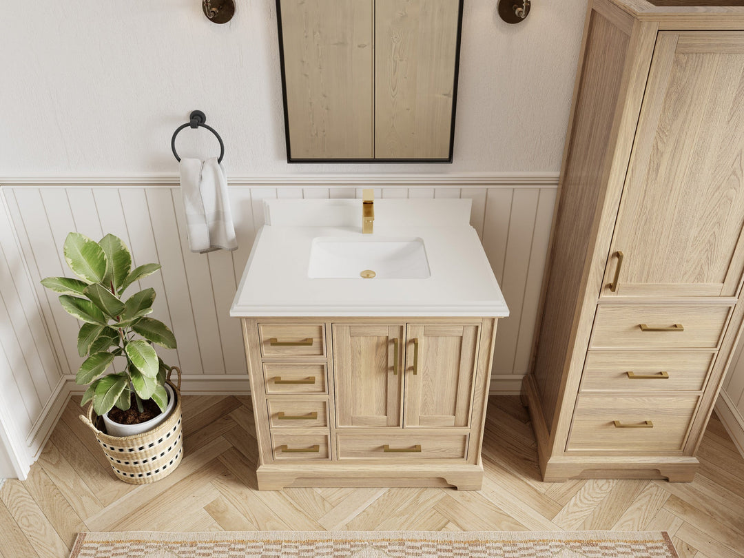 Charlotte White Oak 36 in. W x 22 in. D Center Sink Bathroom Vanity with 1.5 in White Quartz Countertop – Top View
