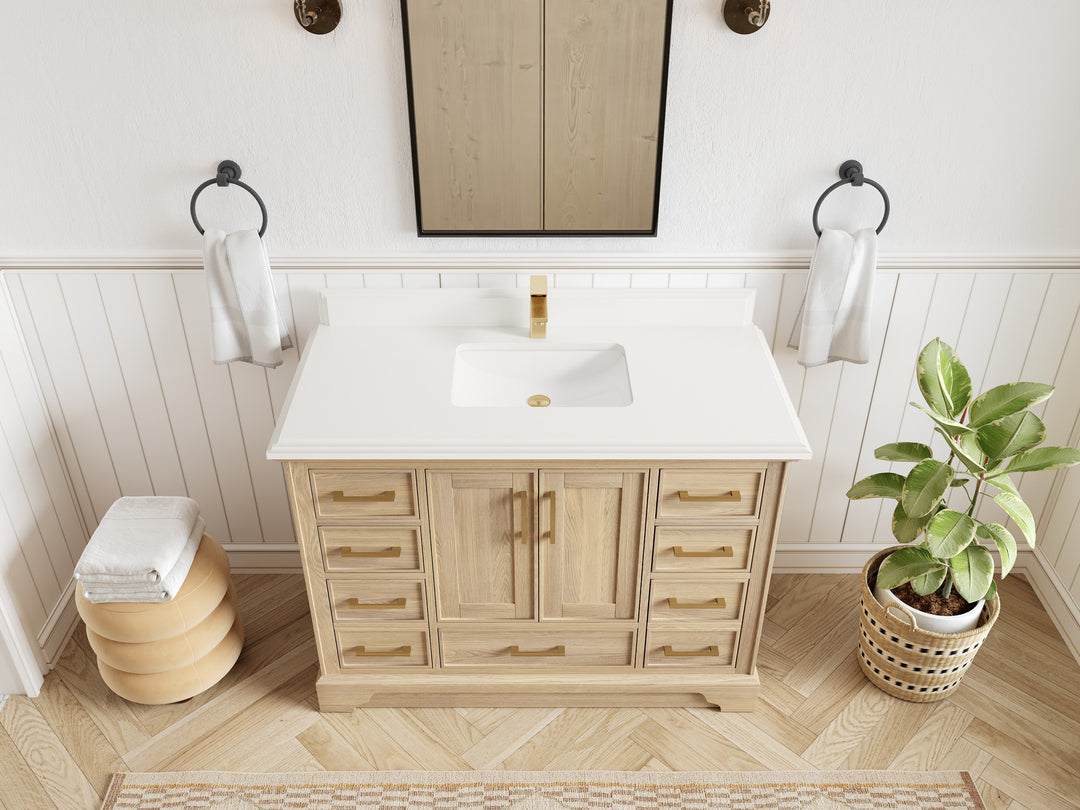 Charlotte White Oak 48 in. W x 22 in. D Single Sink Bathroom Vanity with 1.5 in White Quartz Countertop - Top View
