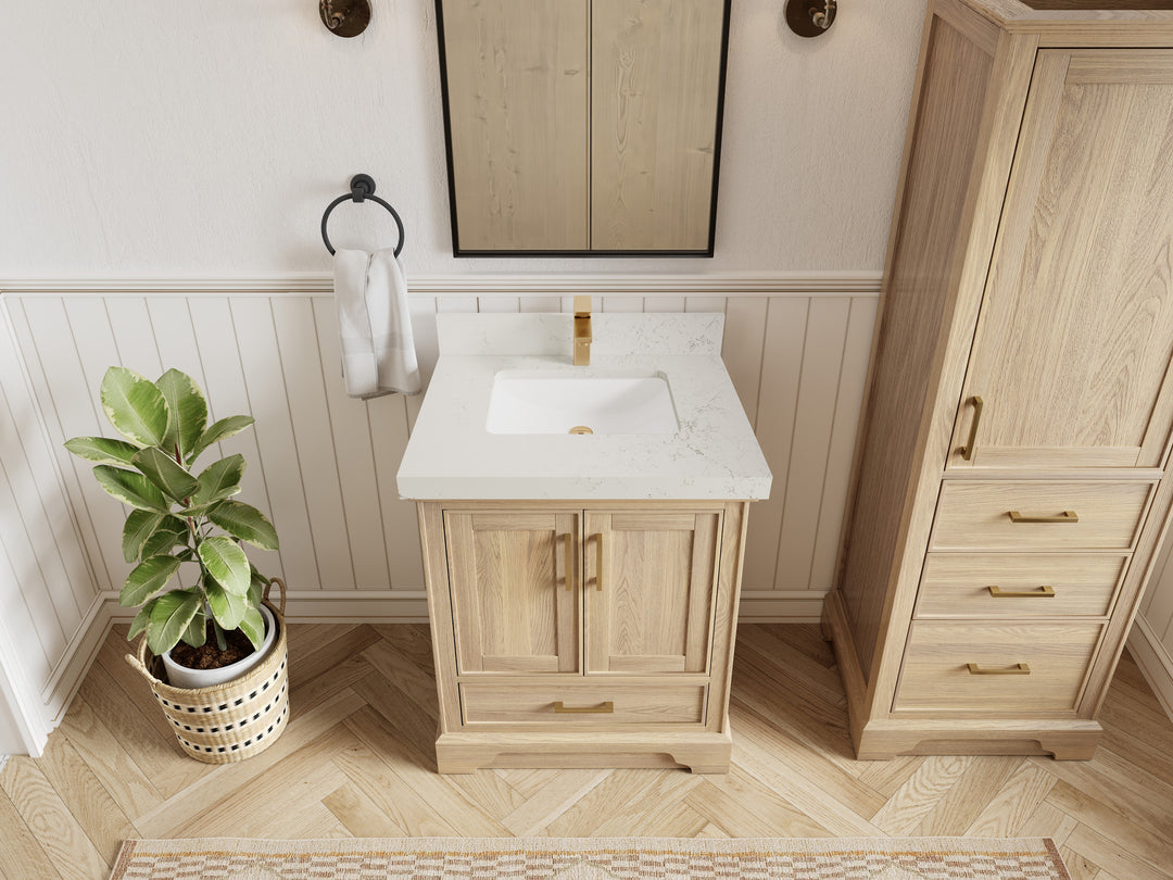 Charlotte White Oak 30 in. W x 22 in. D Single Sink Bathroom Vanity with 2 in Empira White Quartz Countertop - Top View