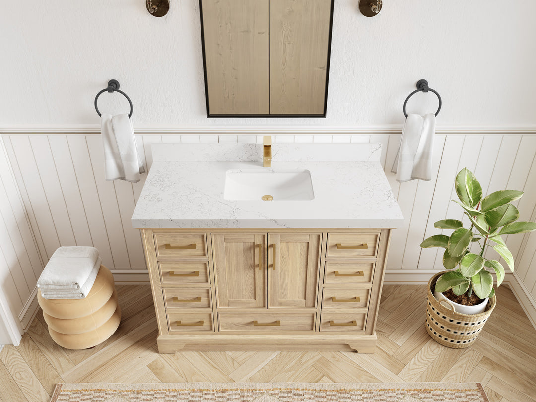 Charlotte White Oak 48 in. W x 22 in. D Single Sink Bathroom Vanity with 2 in Empira White Quartz Countertop - Top View
