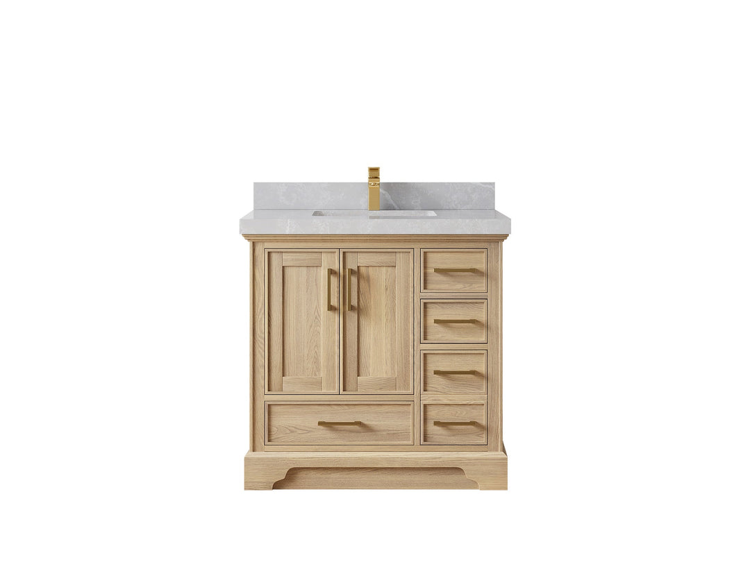 Charlotte White Oak 36 in. W x 22 in. D Center Sink Bathroom Vanity with 2 in Pearl Light Gray Quartz Countertop