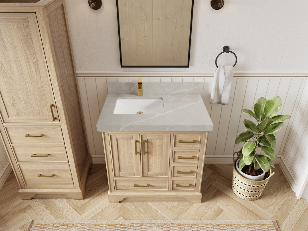 Charlotte White Oak 36 in. W x 22 in. D Left Offset Sink Bathroom Vanity with 2 in Pearl Light Gray Quartz Countertop - Top View