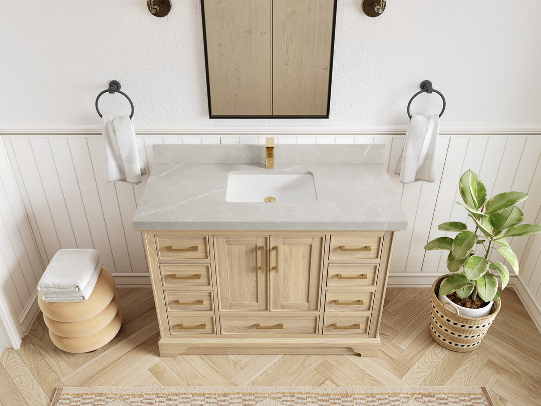 Charlotte White Oak 48 in. W x 22 in. D Single Sink Bathroom Vanity with 2 in Pearl Light Gray Quartz Countertop - Top View