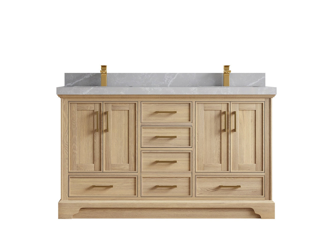 Charlotte White Oak 60 in. W x 22 in. D Double Sink Bathroom Vanity with 2 in Pearl Light Gray Quartz Countertop