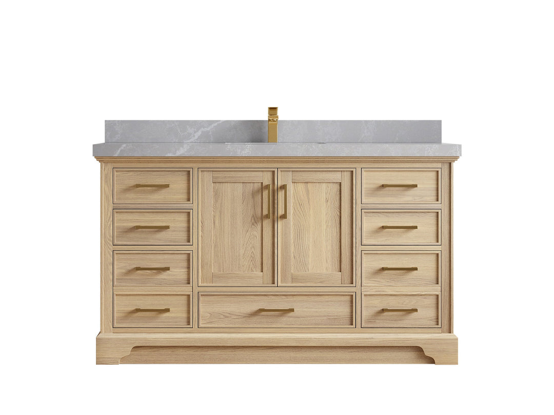 Charlotte White Oak 60 in. W x 22 in. D Single Sink Bathroom Vanity with 2 in Pearl Light Gray Quartz Countertop