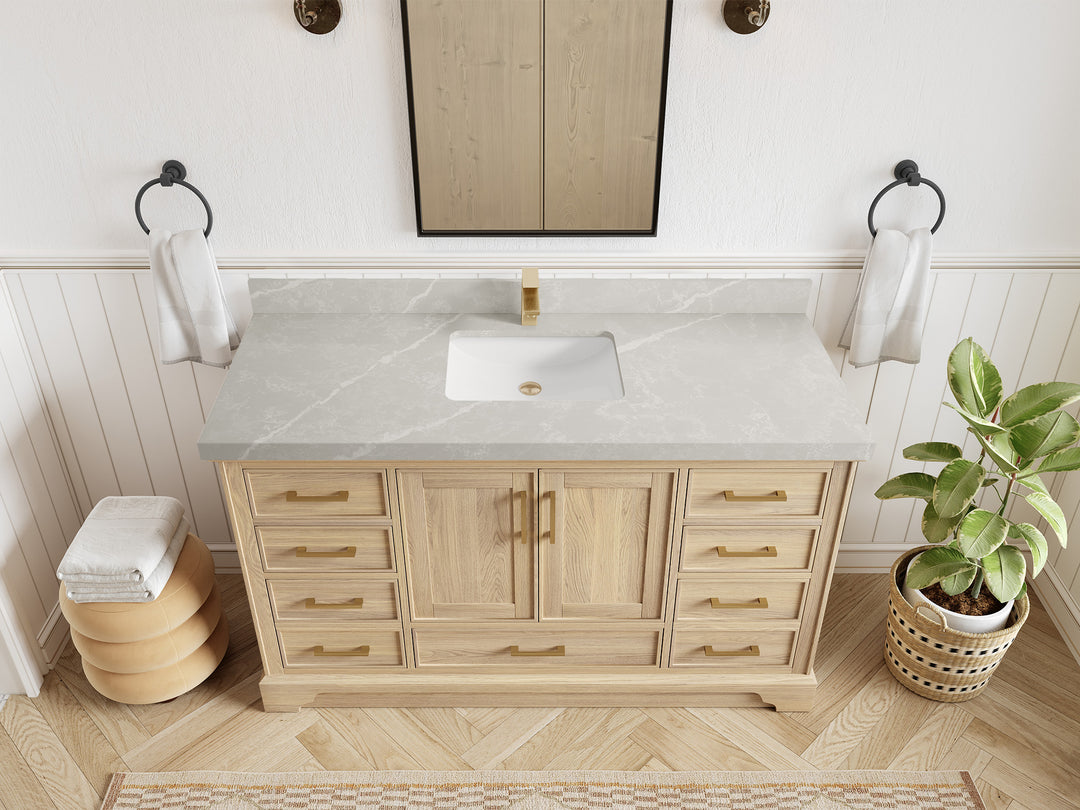 Charlotte White Oak 60 in. W x 22 in. D Single Sink Bathroom Vanity with 2 in Pearl Light Gray Quartz Countertop - Top View