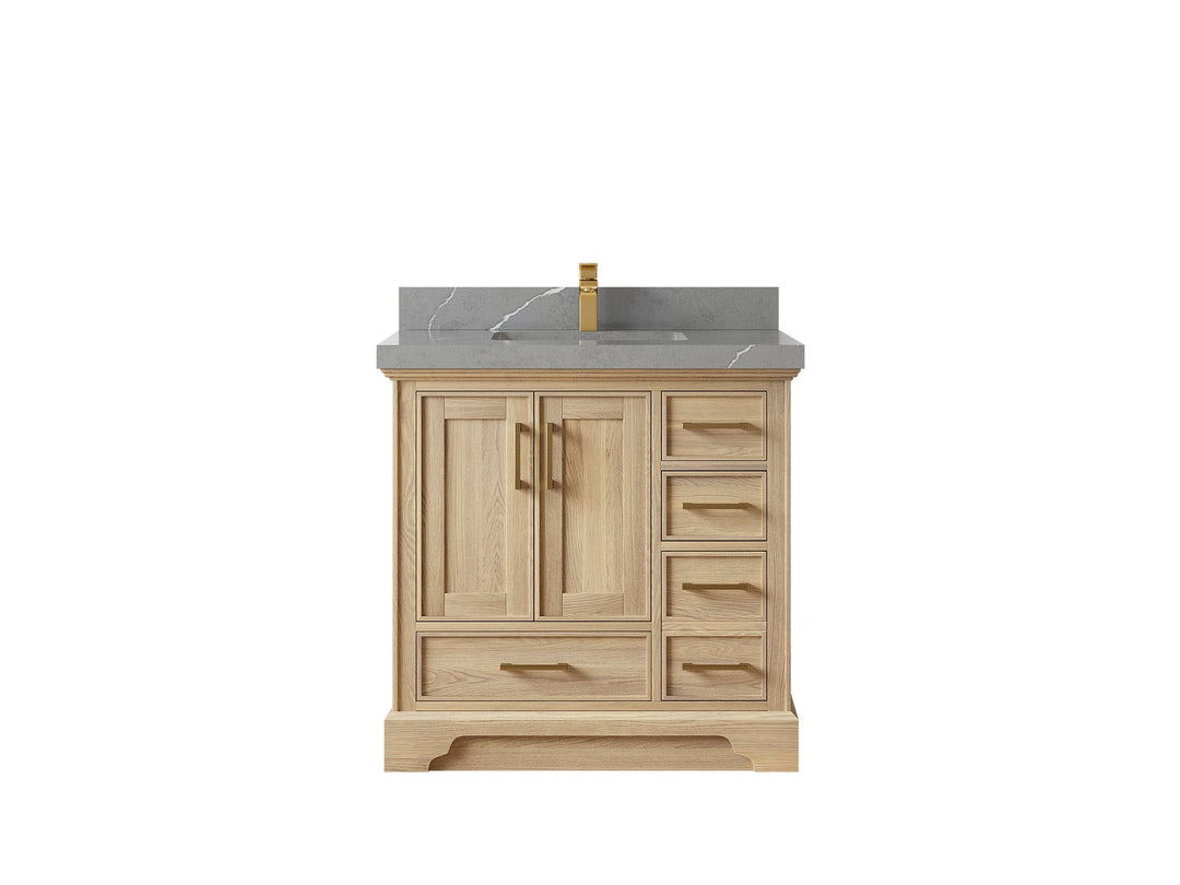 Charlotte White Oak 36 in. W x 22 in. D Center Sink Bathroom Vanity with 2 in Piatra Gray Quartz Countertop