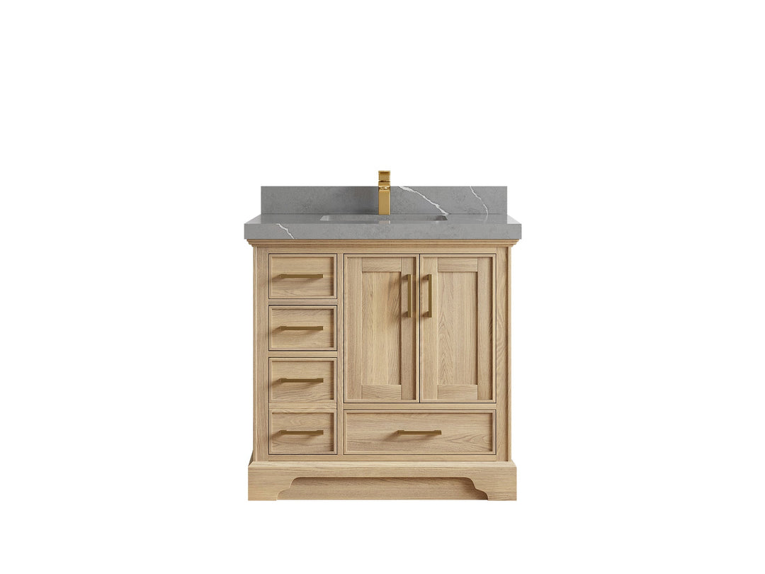 Charlotte White Oak 36 in. W x 22 in. D Center Sink Bathroom Vanity with 2 in Piatra Gray Quartz Countertop