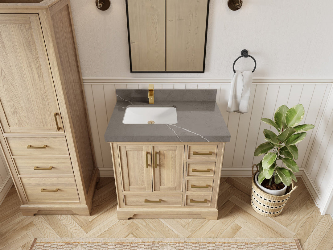 Charlotte White Oak 36 in. W x 22 in. D Left Offset Sink Bathroom Vanity with 2 in Piatra Gray Quartz Countertop - Top View