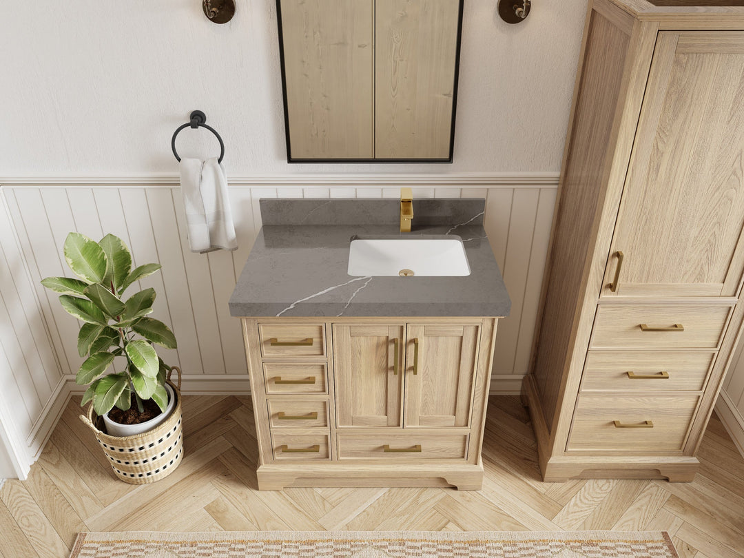 Charlotte White Oak 36 in. W x 22 in. D Center Sink Bathroom Vanity with 2 in Piatra Gray Quartz Countertop - Top View