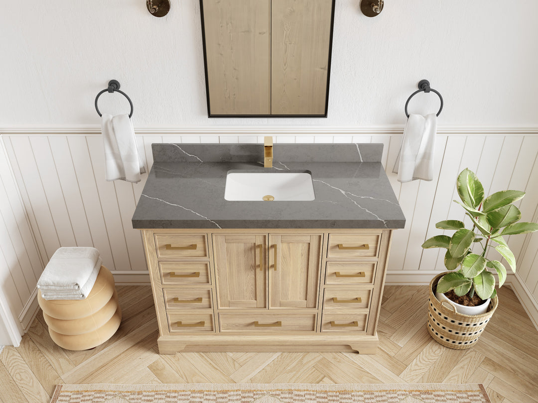 Charlotte White Oak 48 in. W x 22 in. D Single Sink Bathroom Vanity with 2 in Piatra Gray Quartz Countertop - Top View