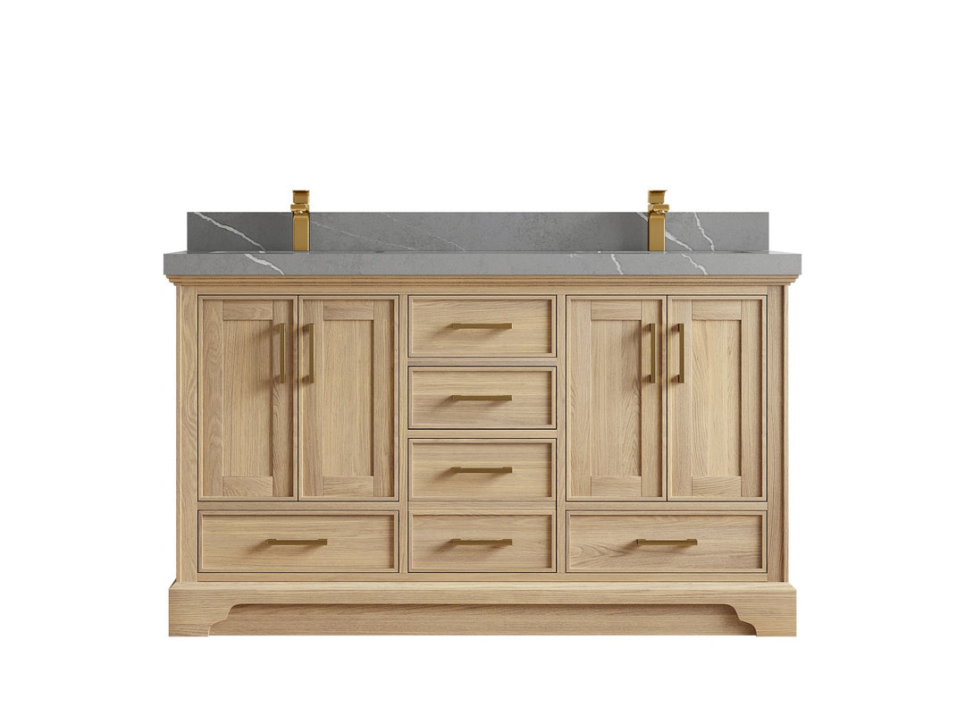 Charlotte White Oak 60 in. W x 22 in. D Double Sink Bathroom Vanity with 2 in Piatra Gray Quartz Countertop
