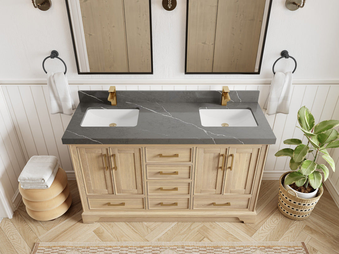 Charlotte White Oak 60 in. W x 22 in. D Double Sink Bathroom Vanity with 2 in Piatra Gray Quartz Countertop - Top View