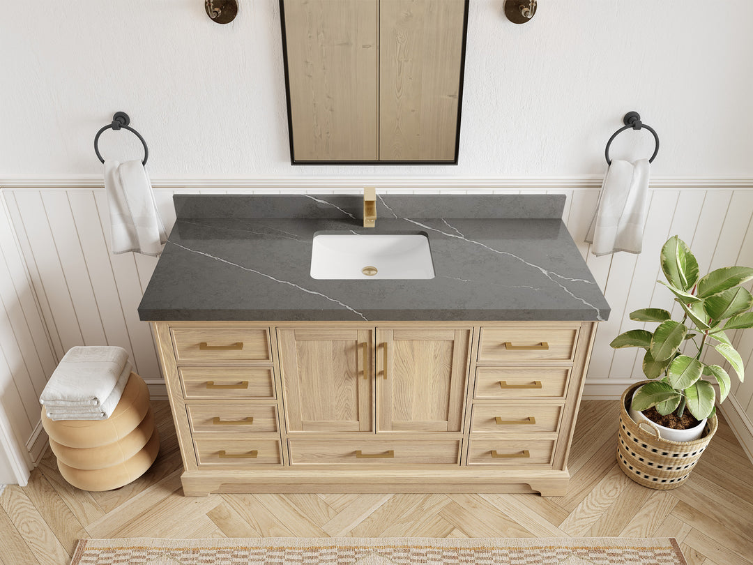 Charlotte White Oak 60 in. W x 22 in. D Single Sink Bathroom Vanity with 2 in Piatra Gray Quartz Countertop - Top View
