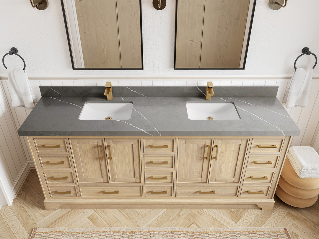 Charlotte White Oak 84 in. W x 22 in. D Double Sink Bathroom Vanity with 2 in Piatra Gray Quartz Countertop - Top View