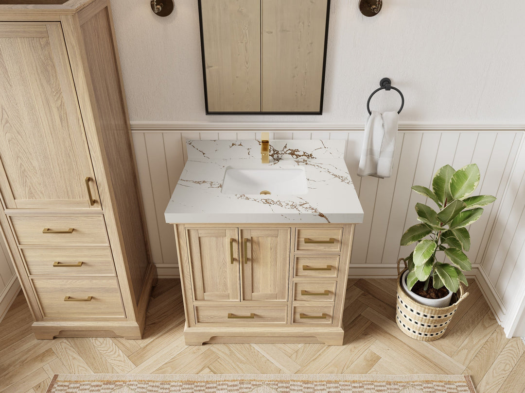 Charlotte White Oak 36 in. W x 22 in. D Center Sink Bathroom Vanity with 2 in Viola Brown Quartz Countertop - Top View