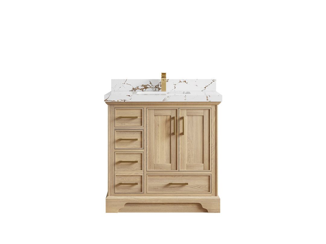 Charlotte White Oak 36 in. W x 22 in. D Center Sink Bathroom Vanity with 2 in Viola Brown Quartz Countertop