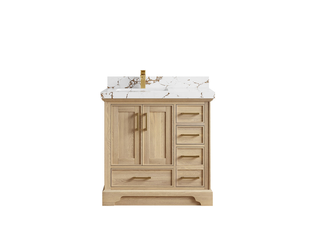 Charlotte White Oak 36 in. W x 22 in. D Left Offset Sink Bathroom Vanity with 2 in Viola Brown Quartz Countertop