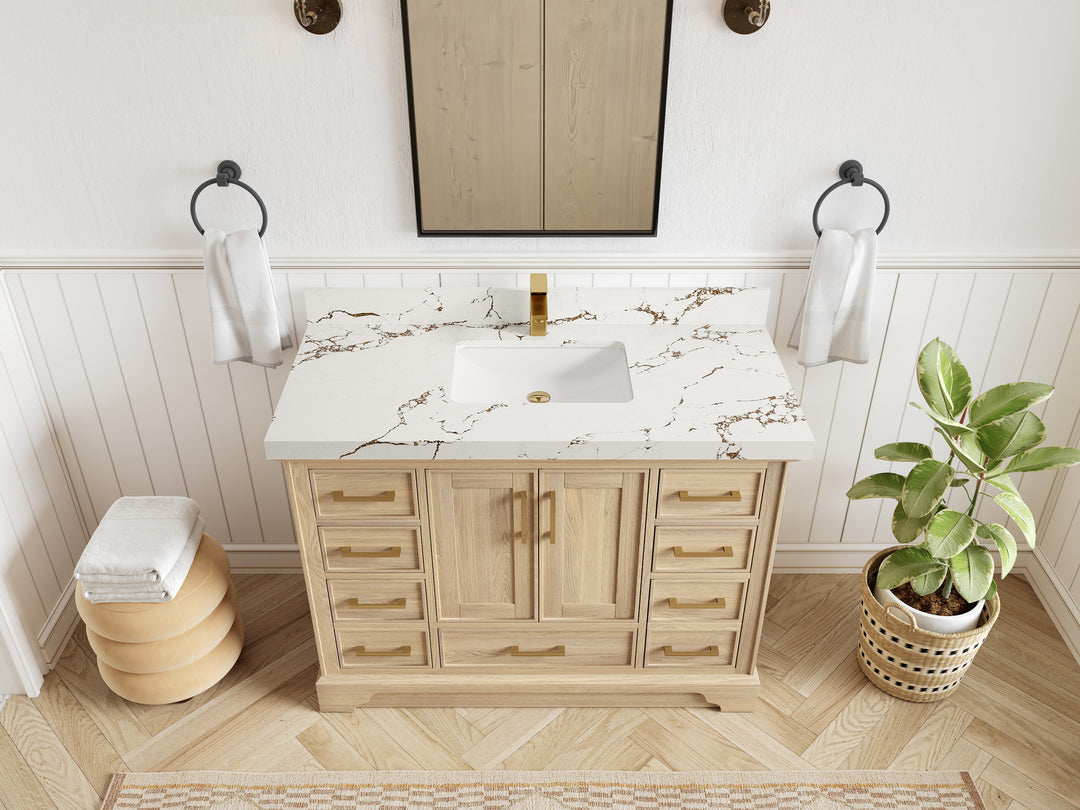Charlotte White Oak 48 in. W x 22 in. D Single Sink Bathroom Vanity with 2 in Viola Brown Quartz Countertop - Top View