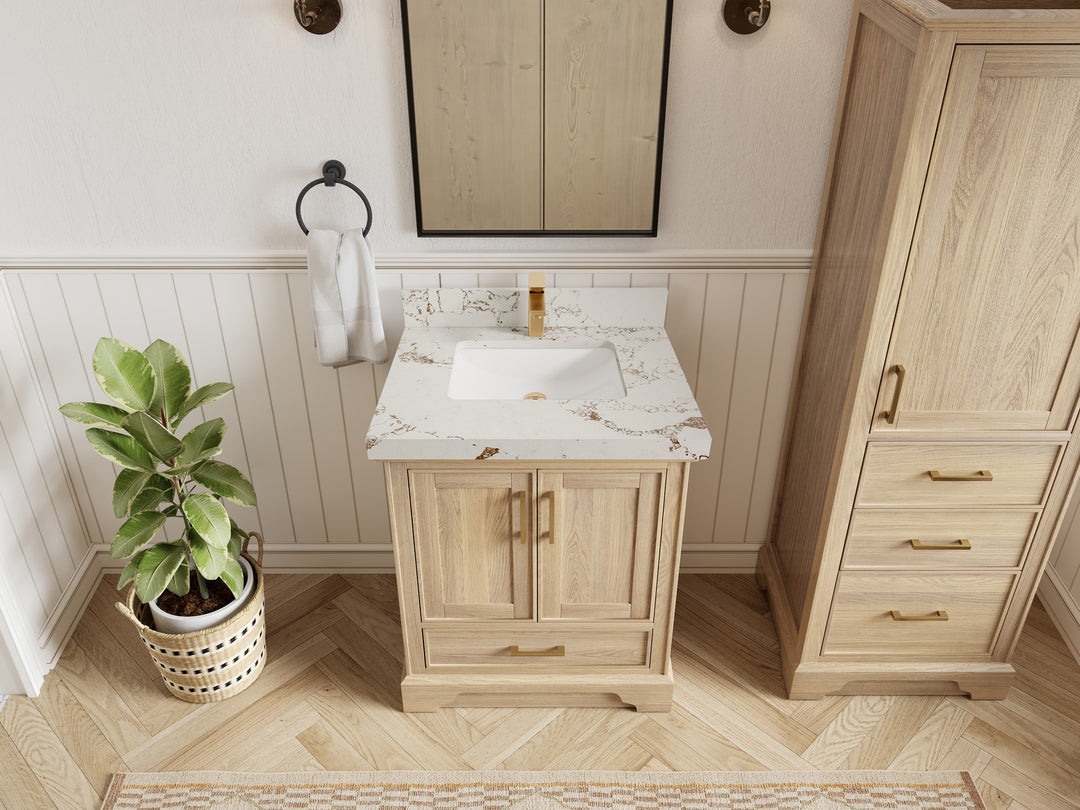 Charlotte White Oak 30 in. W x 22 in. D Single Sink Bathroom Vanity with 2 in Viola Gold Quartz Countertop - Top View