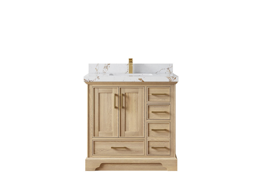 Charlotte White Oak 36 in. W x 22 in. D Center Sink Bathroom Vanity with 2 in Viola Gold Quartz Countertop