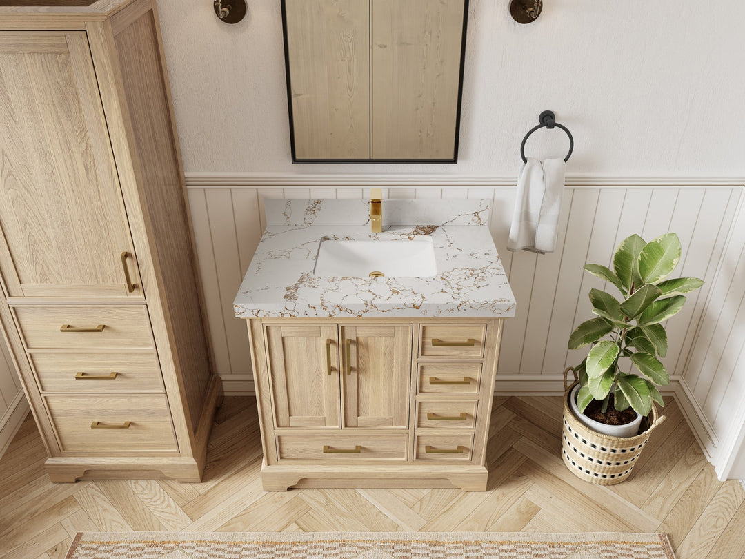 Charlotte White Oak 36 in. W x 22 in. D Center Sink Bathroom Vanity with 2 in Viola Gold Quartz Countertop - Top View