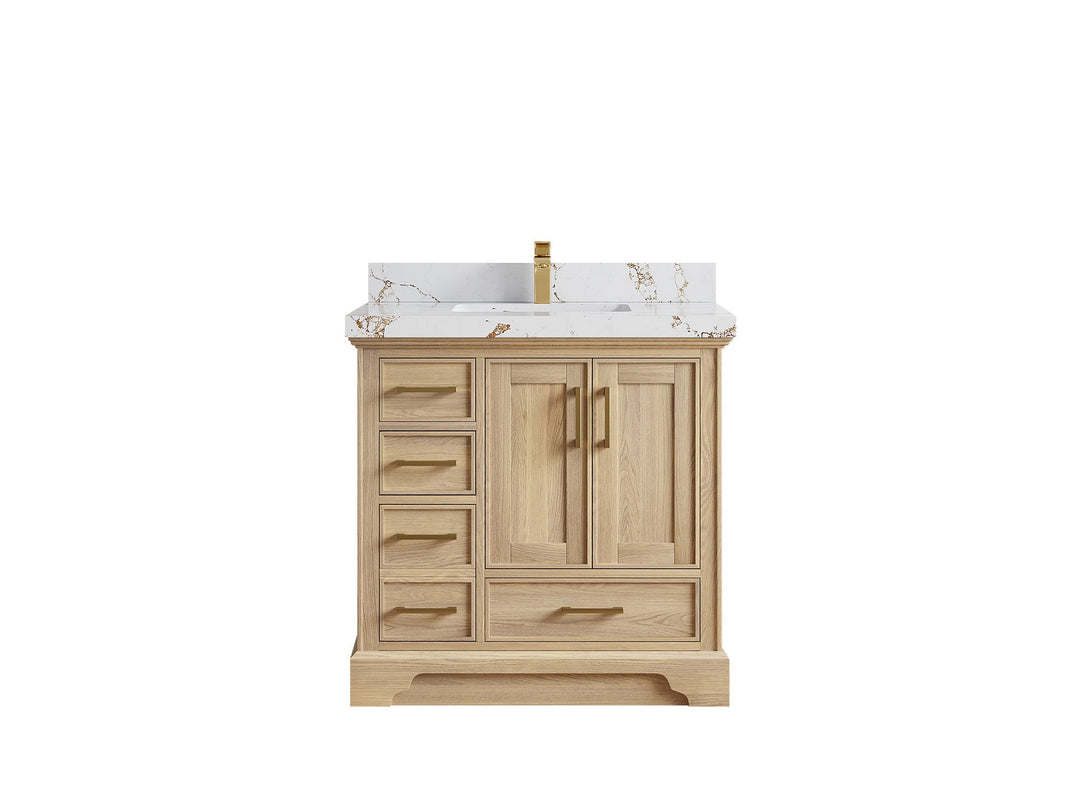 Charlotte White Oak 36 in. W x 22 in. D Center Sink Bathroom Vanity with 2 in Viola Gold Quartz Countertop