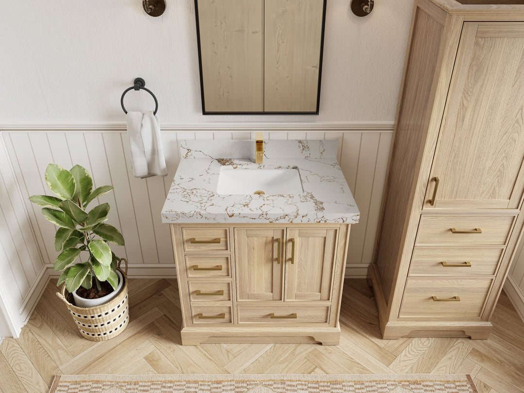 Charlotte White Oak 36 in. W x 22 in. D Center Sink Bathroom Vanity with 2 in Viola Gold Quartz Countertop - Top View