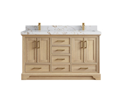 Charlotte White Oak 60 in. W x 22 in. D Double Sink Bathroom Vanity with 2 in Viola Gold Quartz Countertop