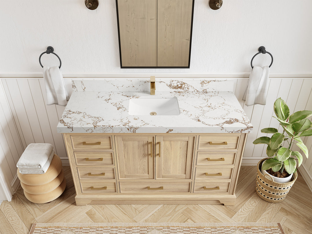 Charlotte White Oak 60 in. W x 22 in. D Single Sink Bathroom Vanity with 2 in Viola Gold Quartz Countertop - Top View