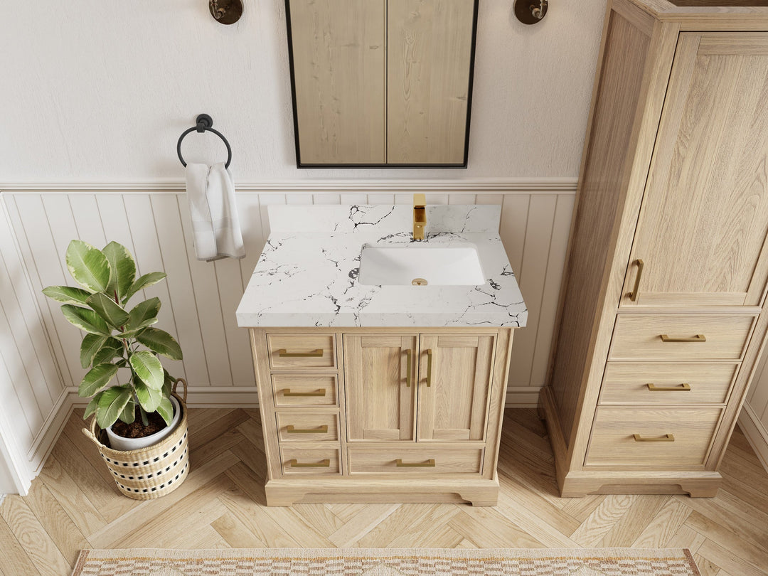 Charlotte White Oak 36 in. W x 22 in. D Center Sink Bathroom Vanity with 2 in Viola Night Quartz Countertop - Top View